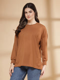 Women Golden Brown Oversized Full Sleeve Round Neck Tshirt