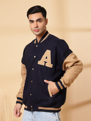 Men Oversized Winter Wear Varsity Jacket with Ribbed Cuffs