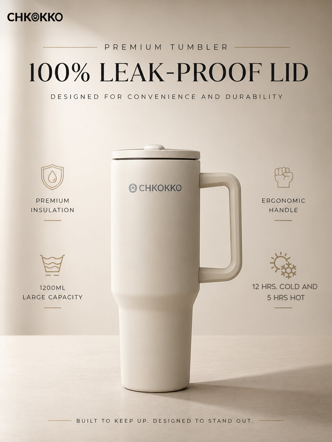 Chkokko Premium Insulated Tumbler - Cream 1200ml with Leak-Proof Lid