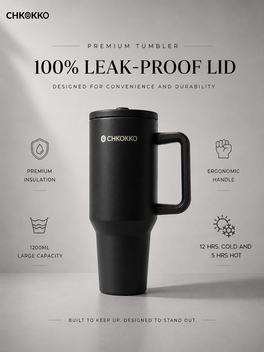 Chkokko Premium Insulated Tumbler - Black 1200ml with Leak-Proof Lid