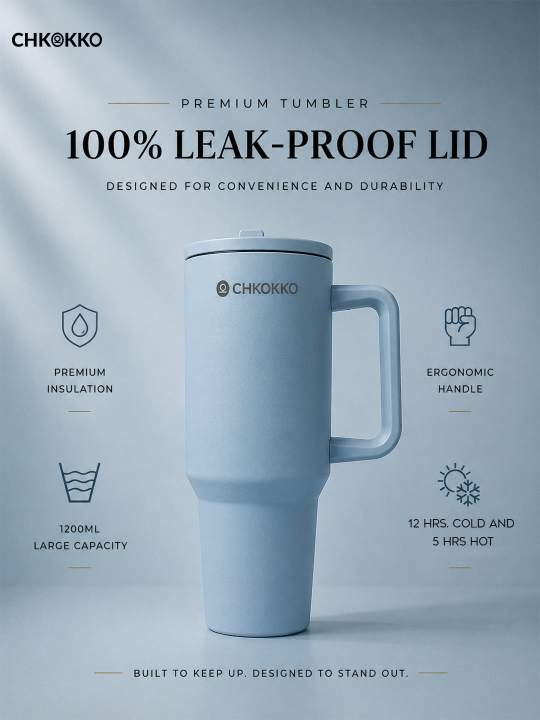Chkokko Premium Insulated Tumbler - Blue 1200ml with Leak-Proof Lid