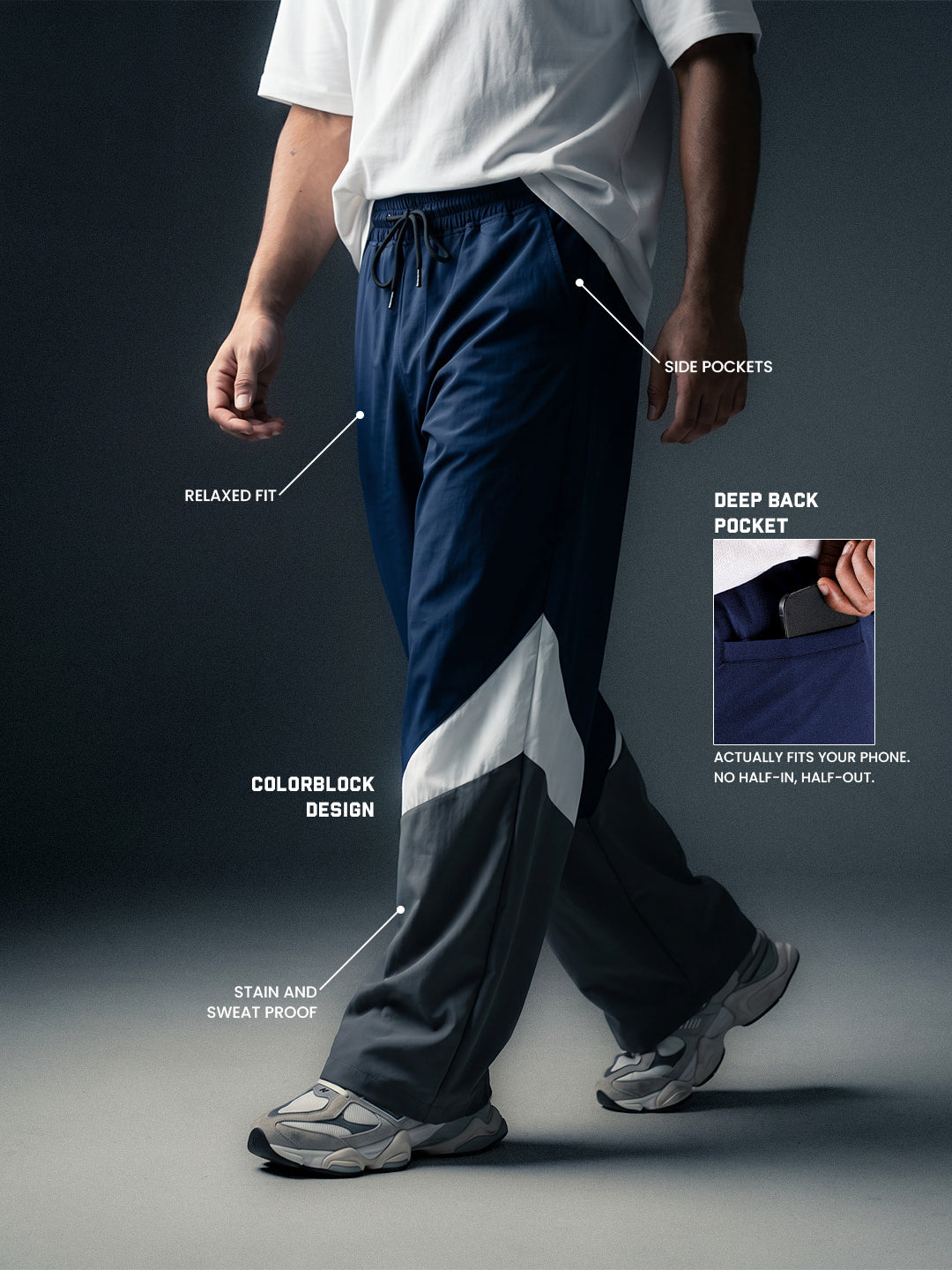 Arc Pant - Men's  Colorblock Wide-Leg Track Pants Navy Grey