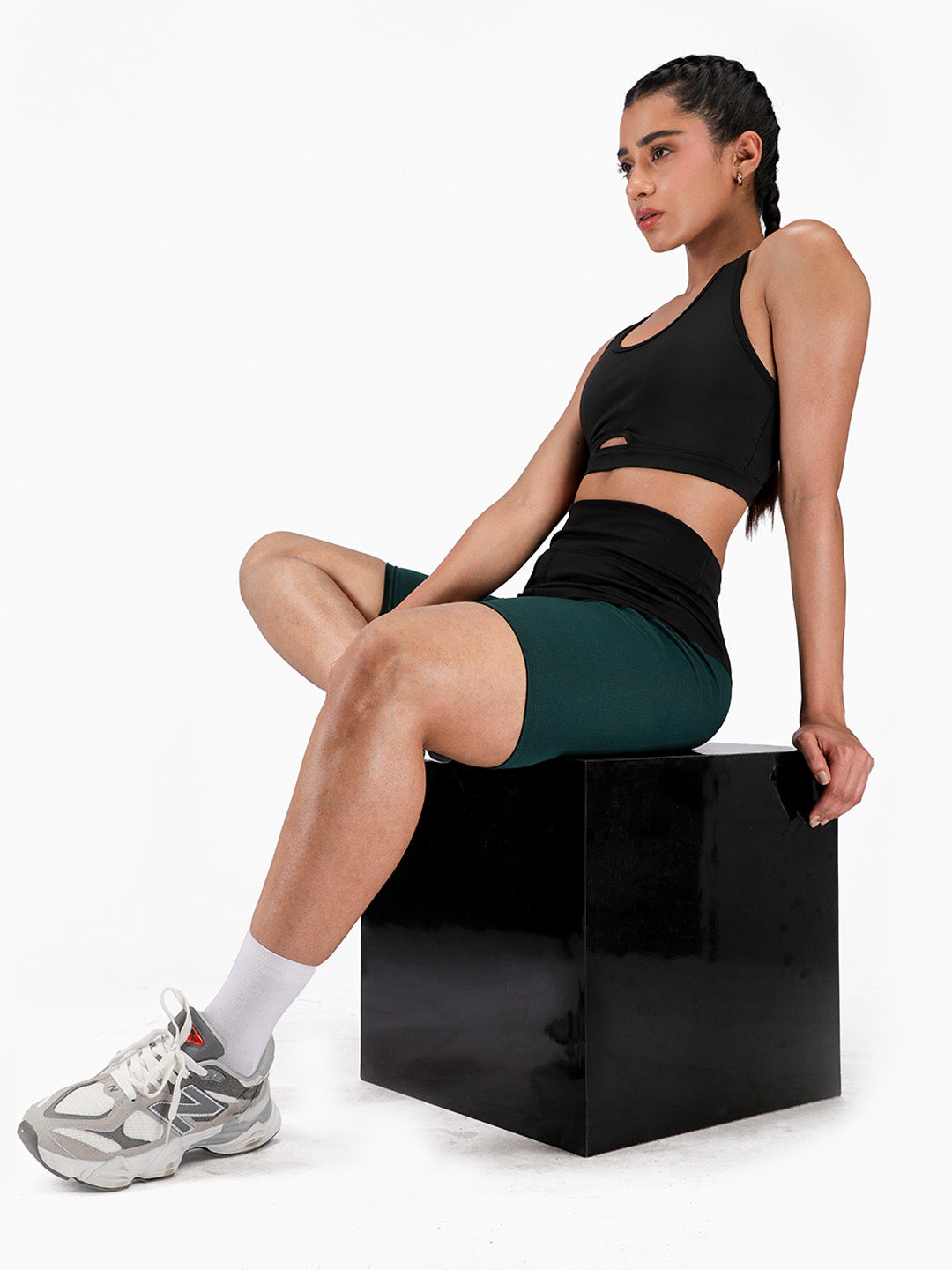 Women High-Waist Biker Shorts Green Black