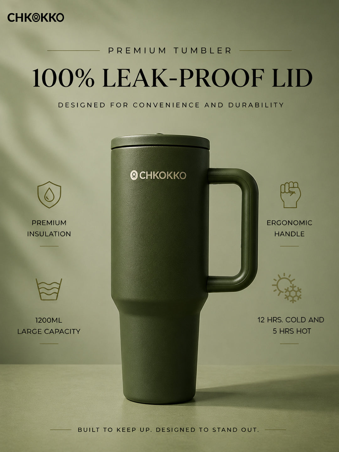 Chkokko Premium Insulated Tumbler - Olive 1200ml with Leak-Proof Lid