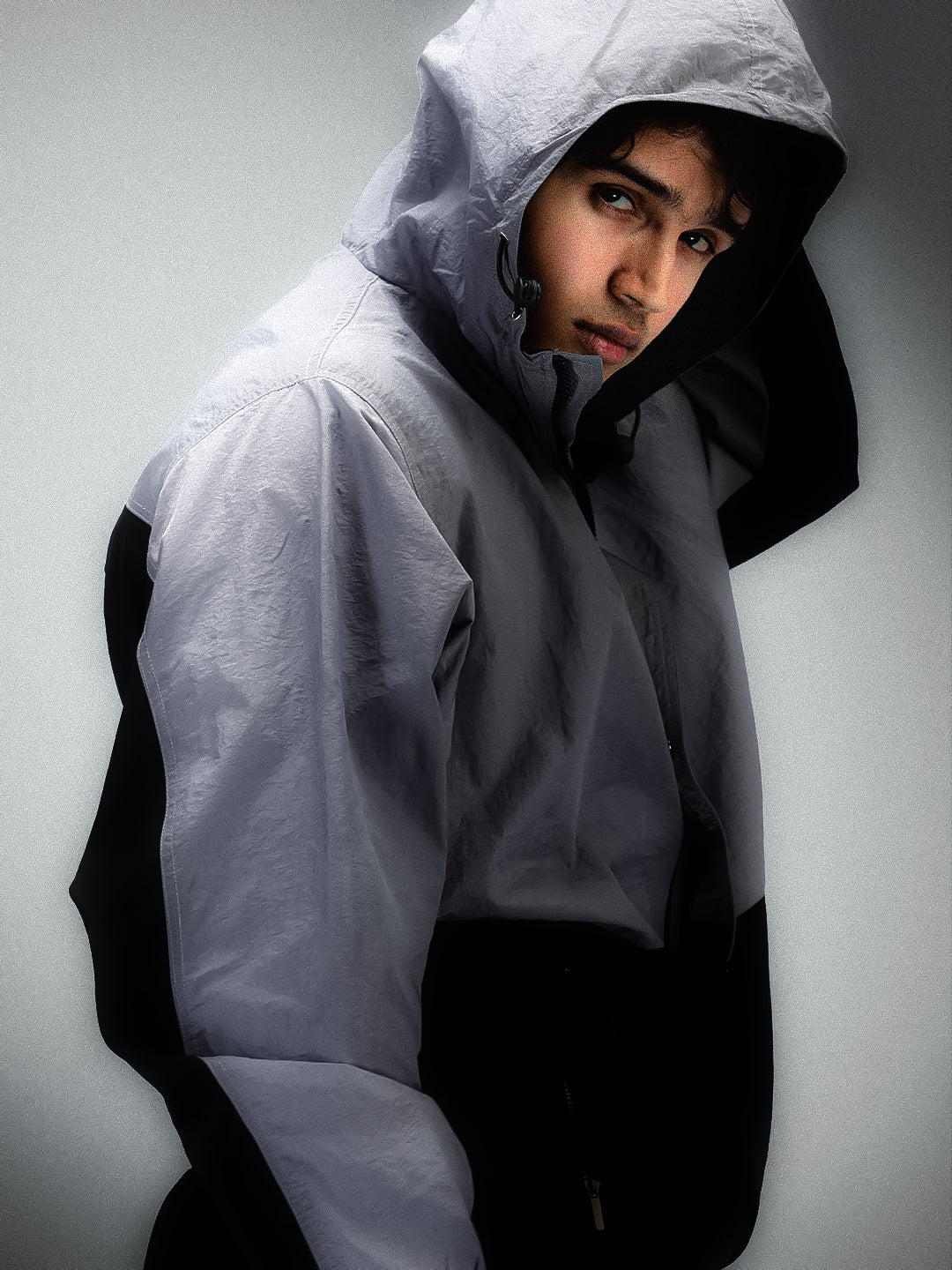 Men Grey Black Hooded Windcheater Oversized Sports Jacket