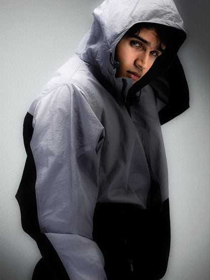 Men Grey Black Hooded Windcheater Oversized Sports Jacket