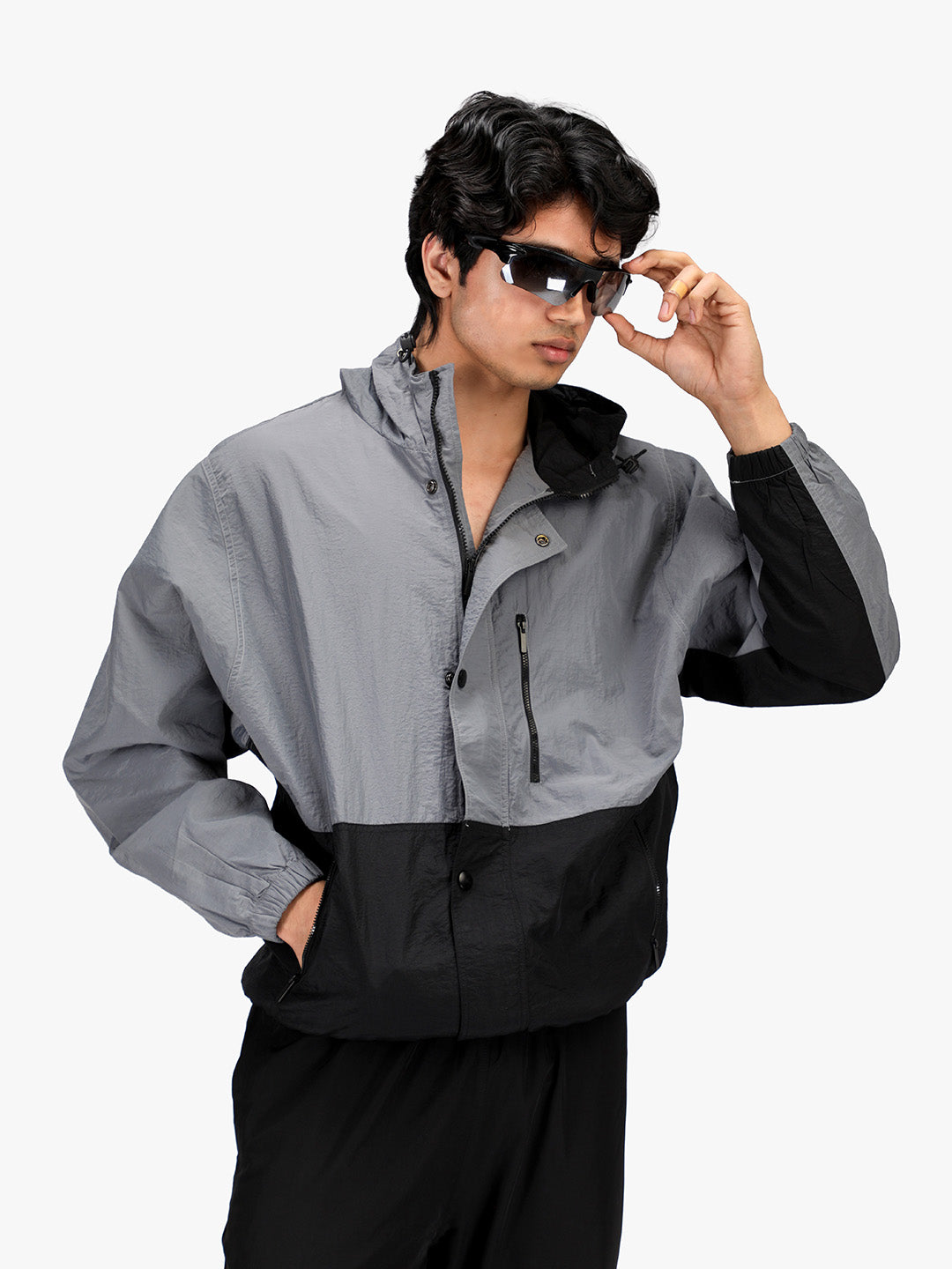 Men Grey Black Hooded Windcheater Oversized Sports Jacket