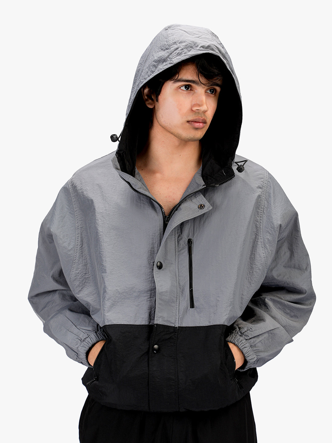 Men Grey Black Hooded Windcheater Oversized Sports Jacket