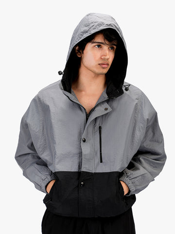 Men Grey Black Hooded Windcheater Oversized Sports Jacket