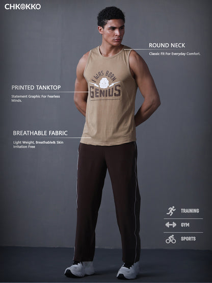 Men Khaki Graphic Printed Gym Sports Tank Top