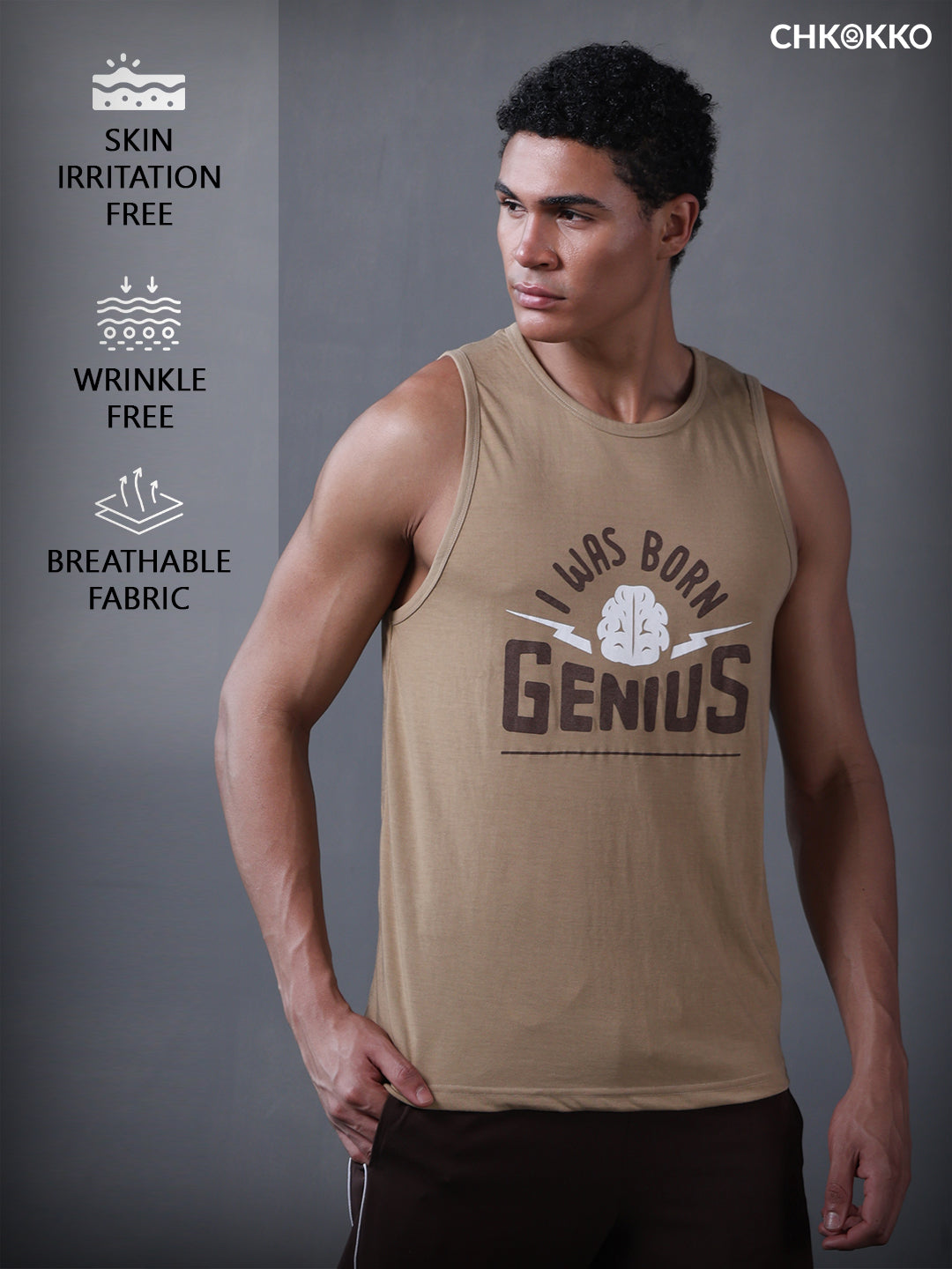 Men Khaki Graphic Printed Gym Sports Tank Top