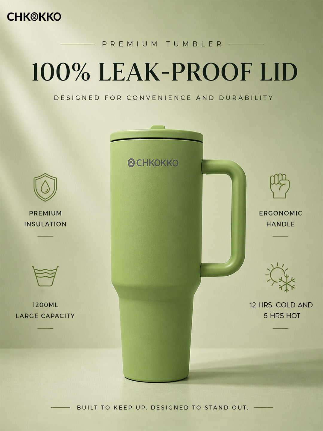 Chkokko Premium Insulated Tumbler - Green 1200ml with Leak-Proof Lid
