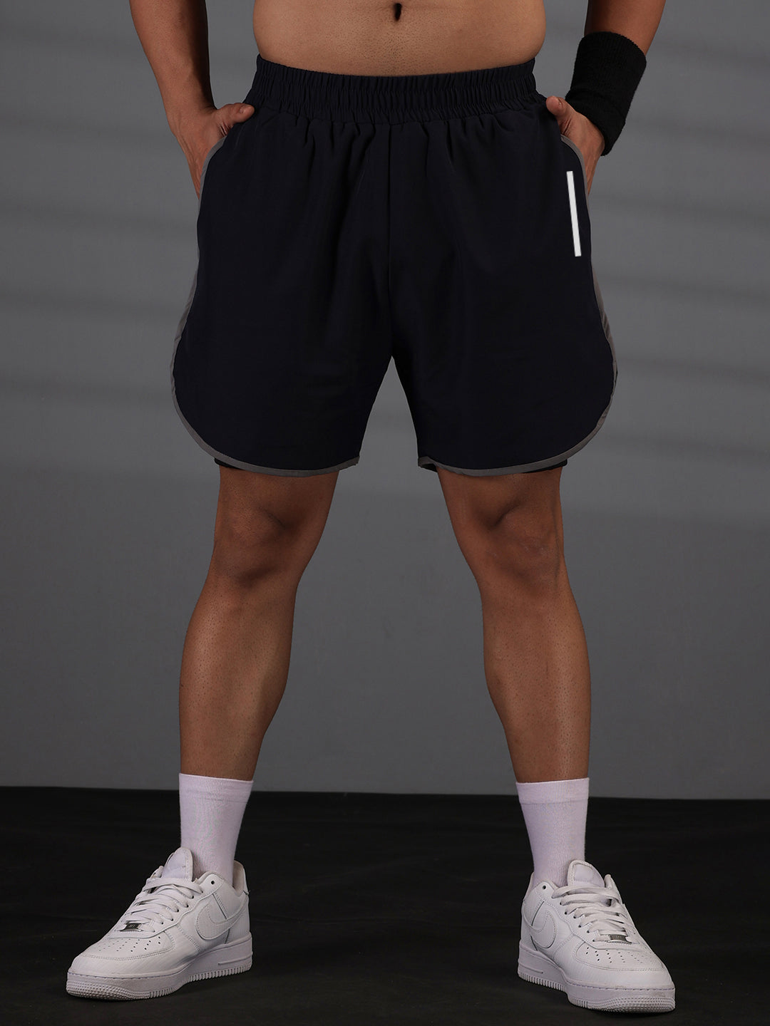 Men Double Layered Sports Running Shorts Navy Gray