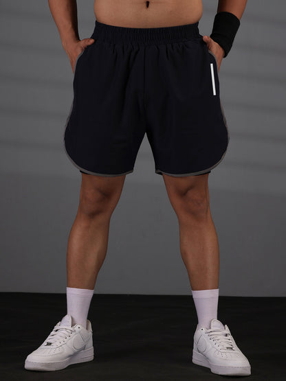 Men Double Layered Sports Running Shorts Navy Gray