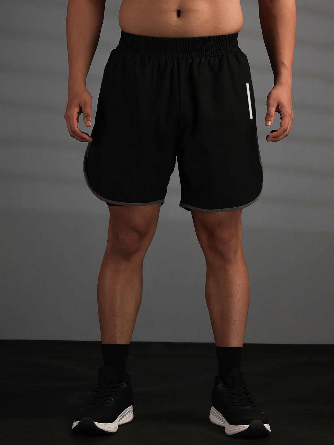 Men Double Layered Sports Running Shorts Black Grey