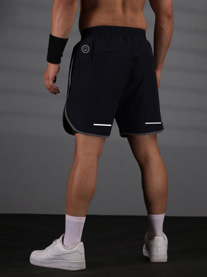 Men Double Layered Sports Running Shorts Navy Gray