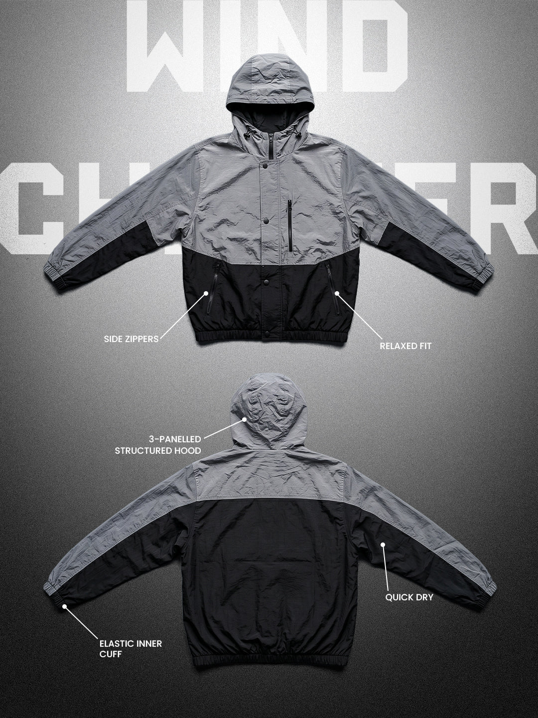 Men Grey Black Hooded Windcheater Oversized Sports Jacket