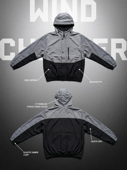 Men Grey Black Hooded Windcheater Oversized Sports Jacket