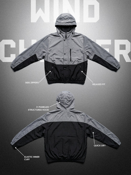 Men Grey Black Hooded Windcheater Oversized Sports Jacket