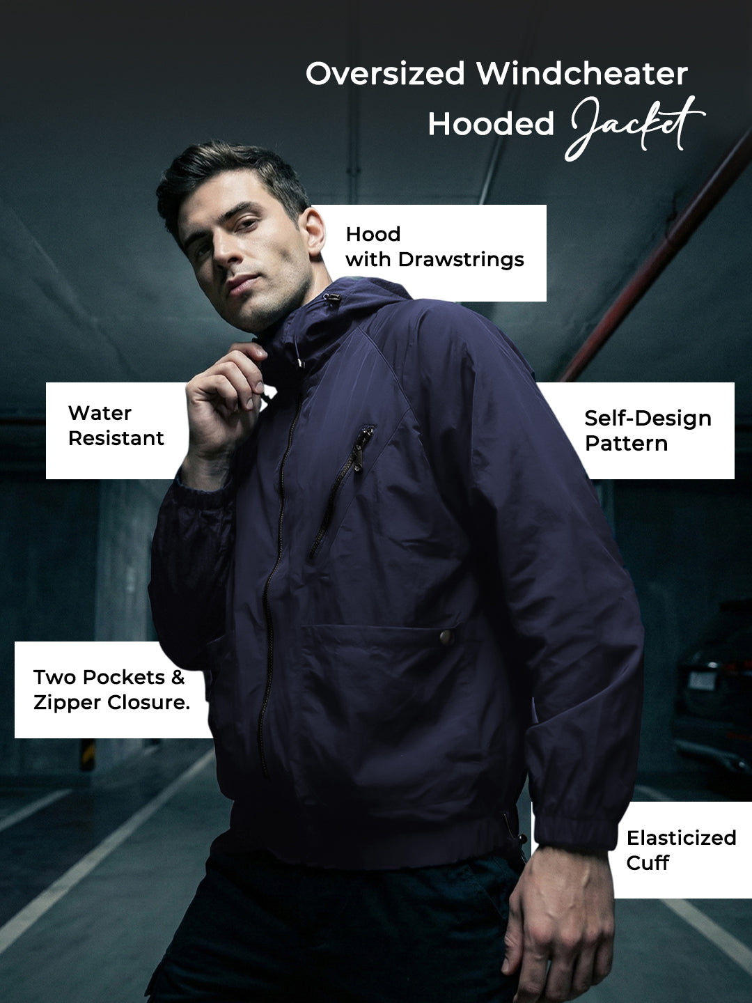 Men Winter Sports Oversized Windcheater Hooded Jacket Navy