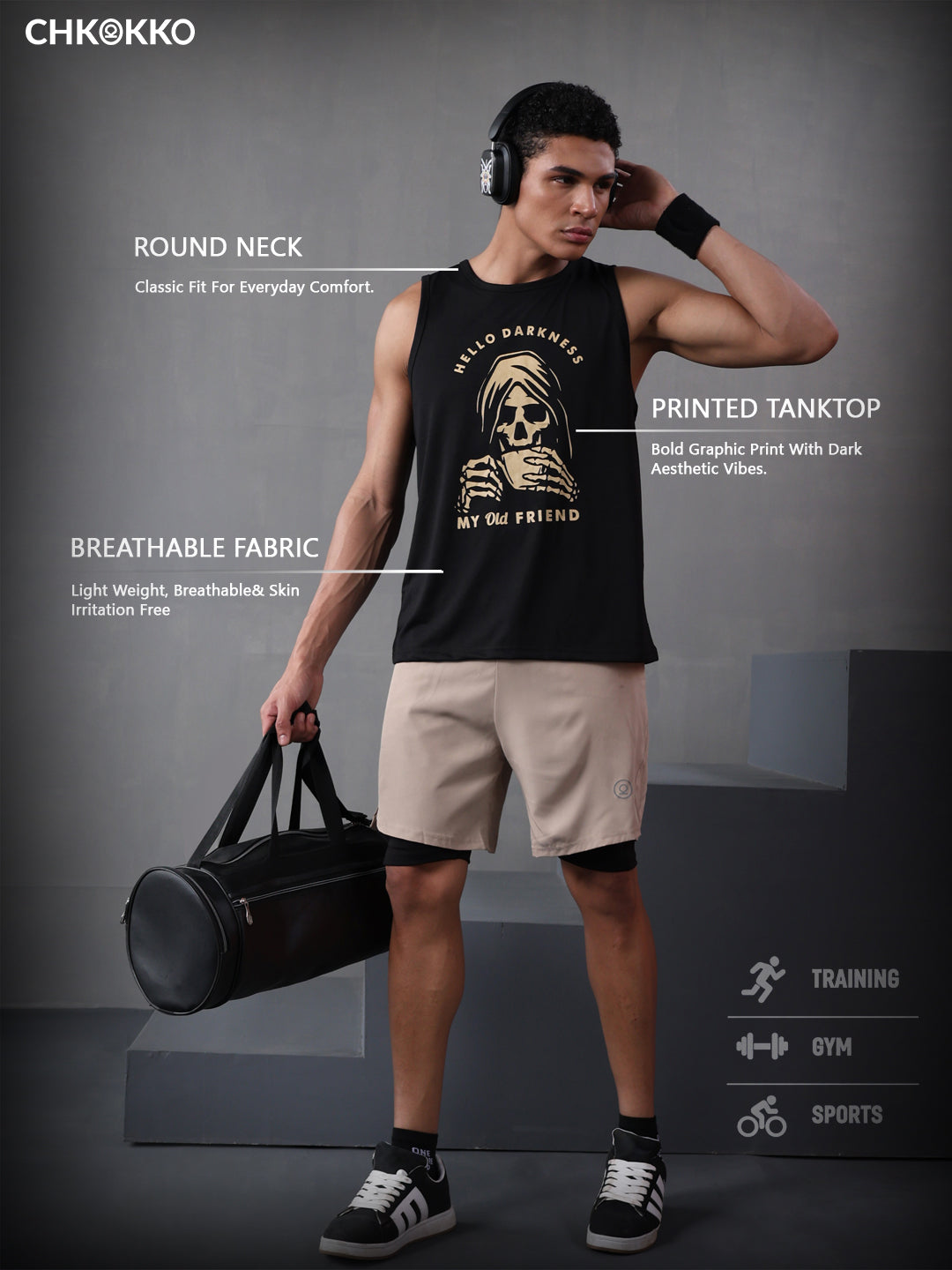Men Black Graphic Printed Gym Sports Tank Top