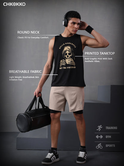 Men Black Graphic Printed Gym Sports Tank Top