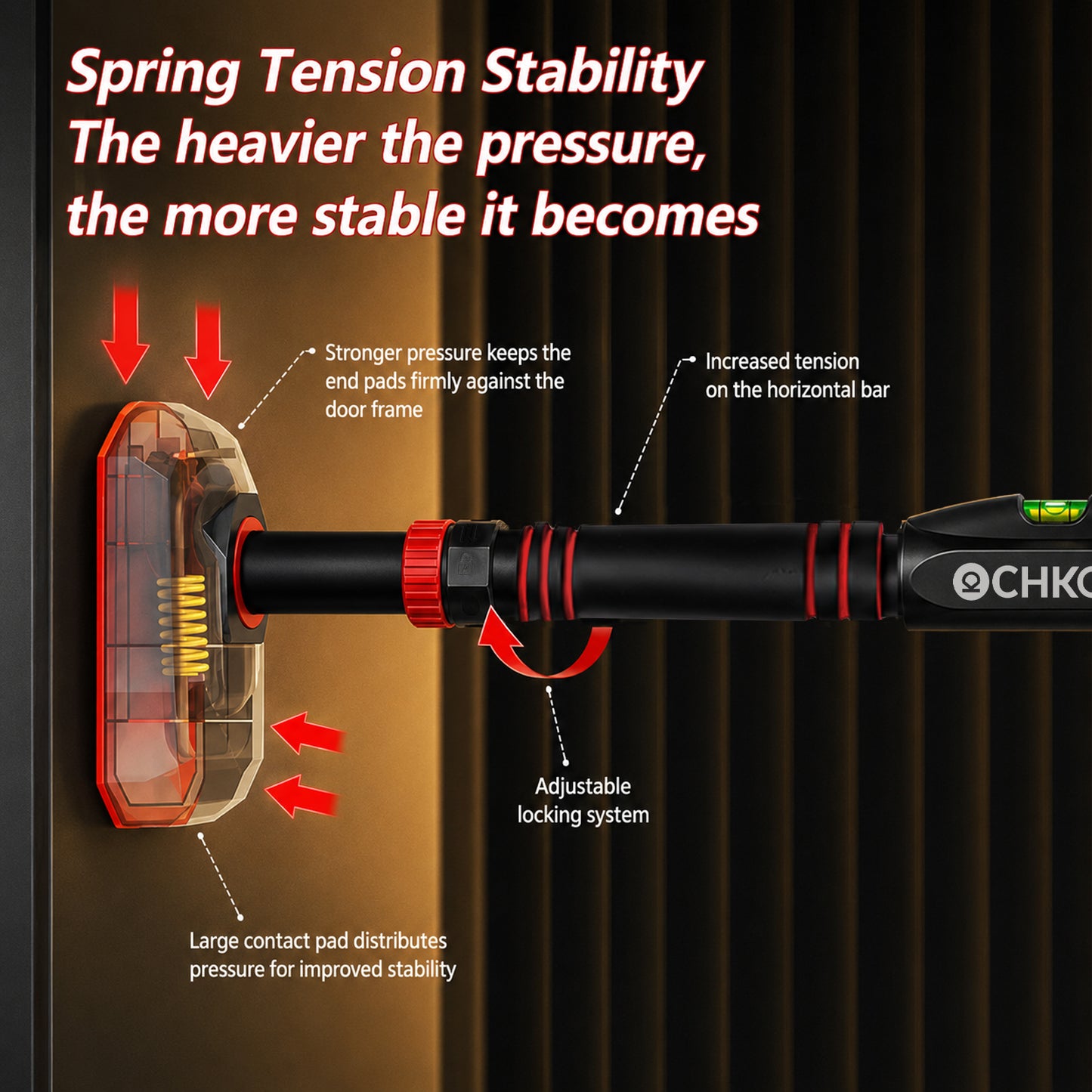 Chkokko Adjustable Pull Up Bar | 120-162 cm | 150+ Kg | No-Screw Doorway Chin Up Bar