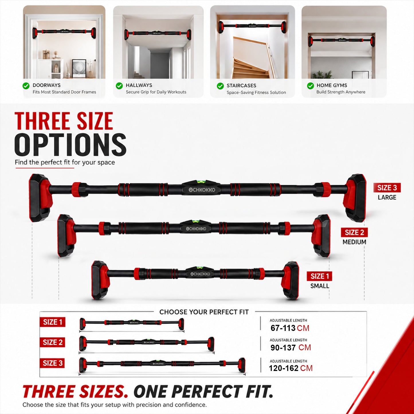 Chkokko Adjustable Pull Up Bar | 120-162 cm | 150+ Kg | No-Screw Doorway Chin Up Bar