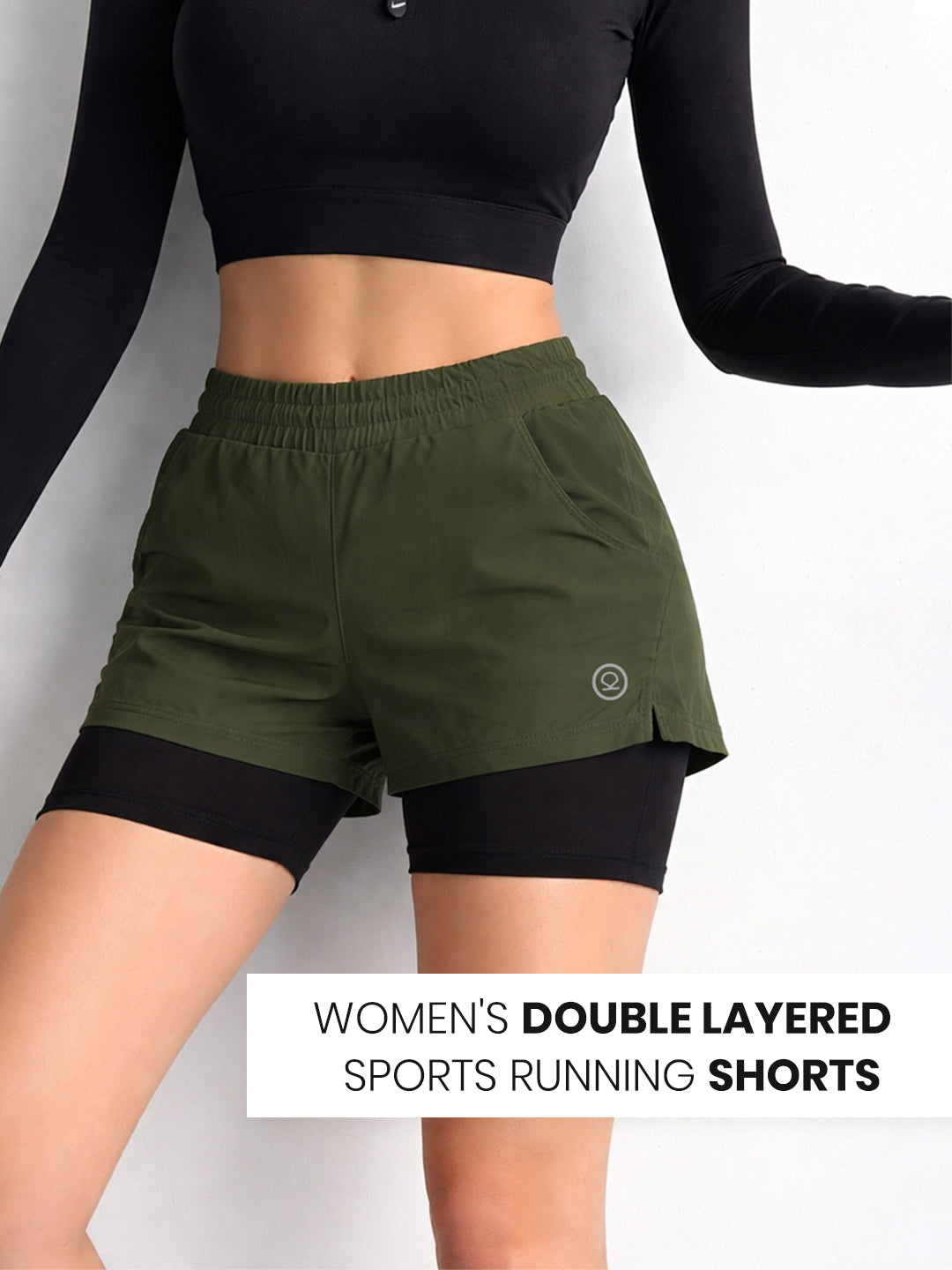 Women's Double Layered Sports Running Shorts Olive Black