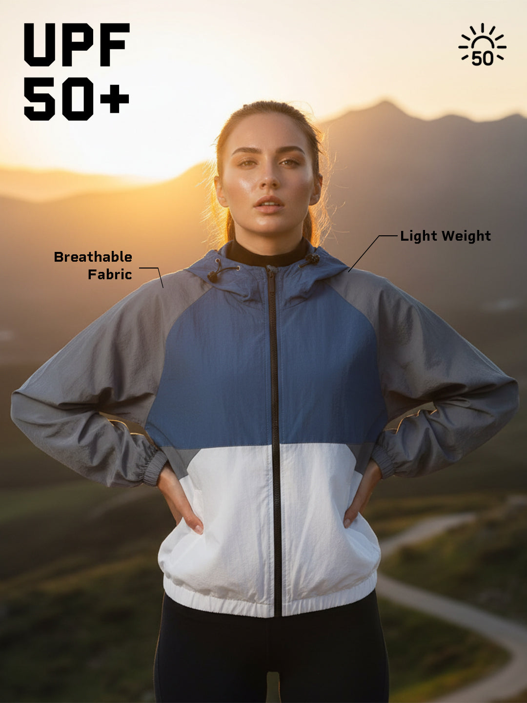 Women’s Lightweight UPF 50+ Sun Protection Summer Jacket Blue Grey White