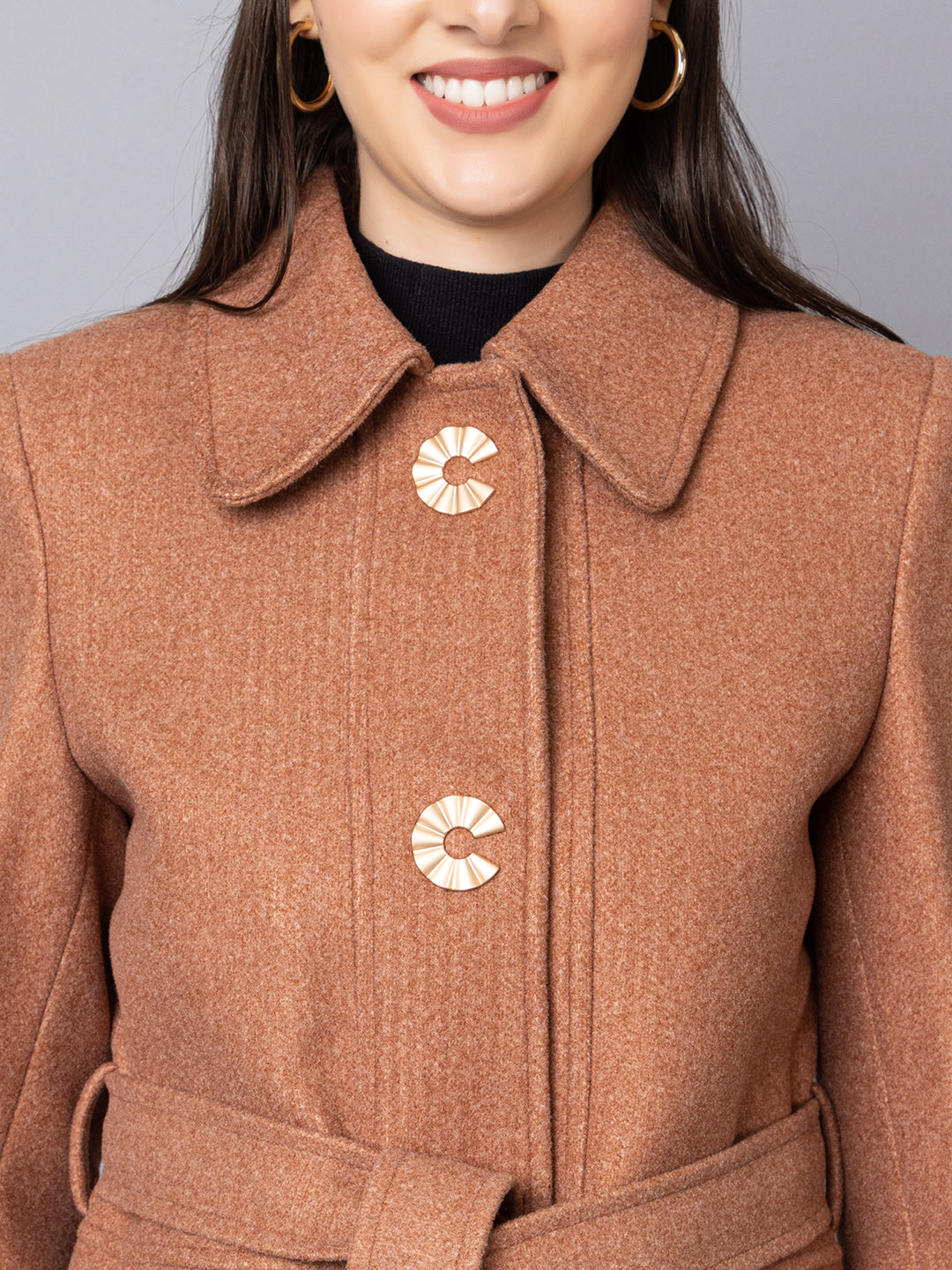 Women Belted Single-Breasted Woolen Overcoat