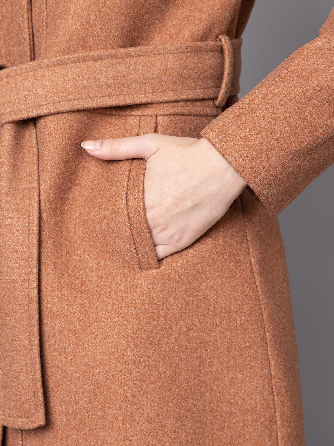 Women Belted Single-Breasted Woolen Overcoat