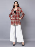 Women Checked Notched Lapel Single-Breasted Woolen Overcoat