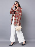 Women Checked Notched Lapel Single-Breasted Woolen Overcoat