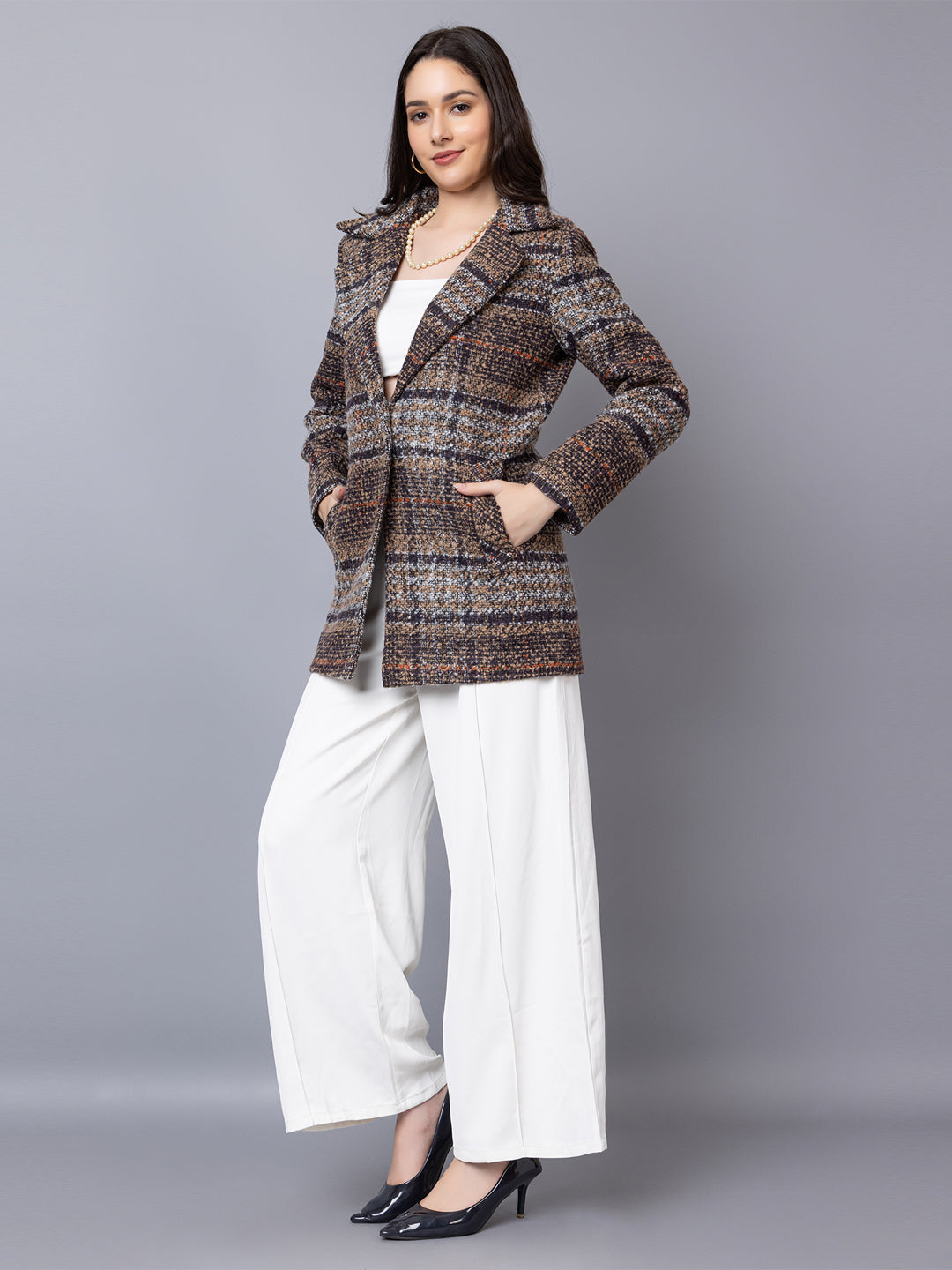 Women Checked Notch Lapel Single-Breasted Overcoat