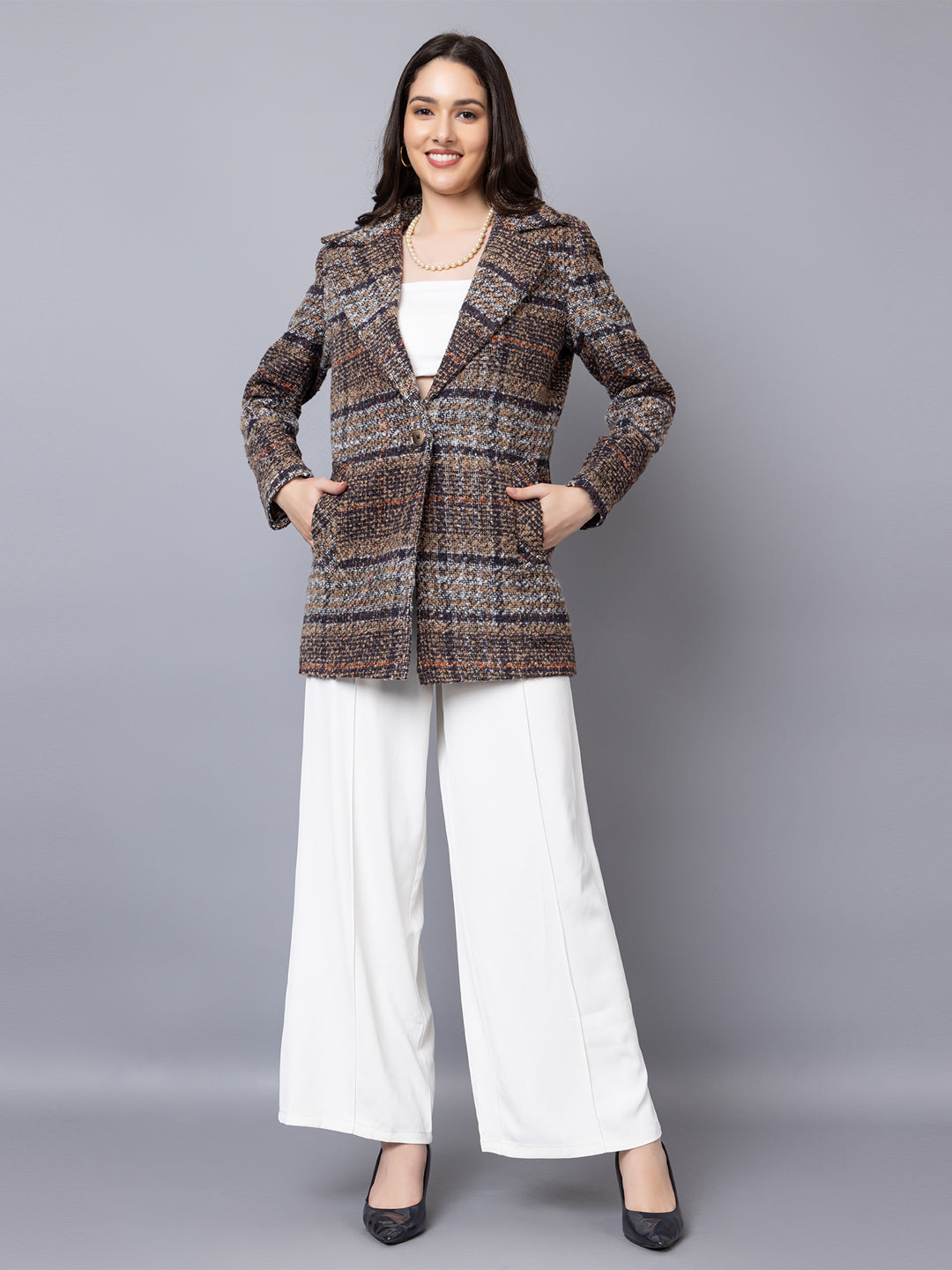 Women Checked Notch Lapel Single-Breasted Overcoat