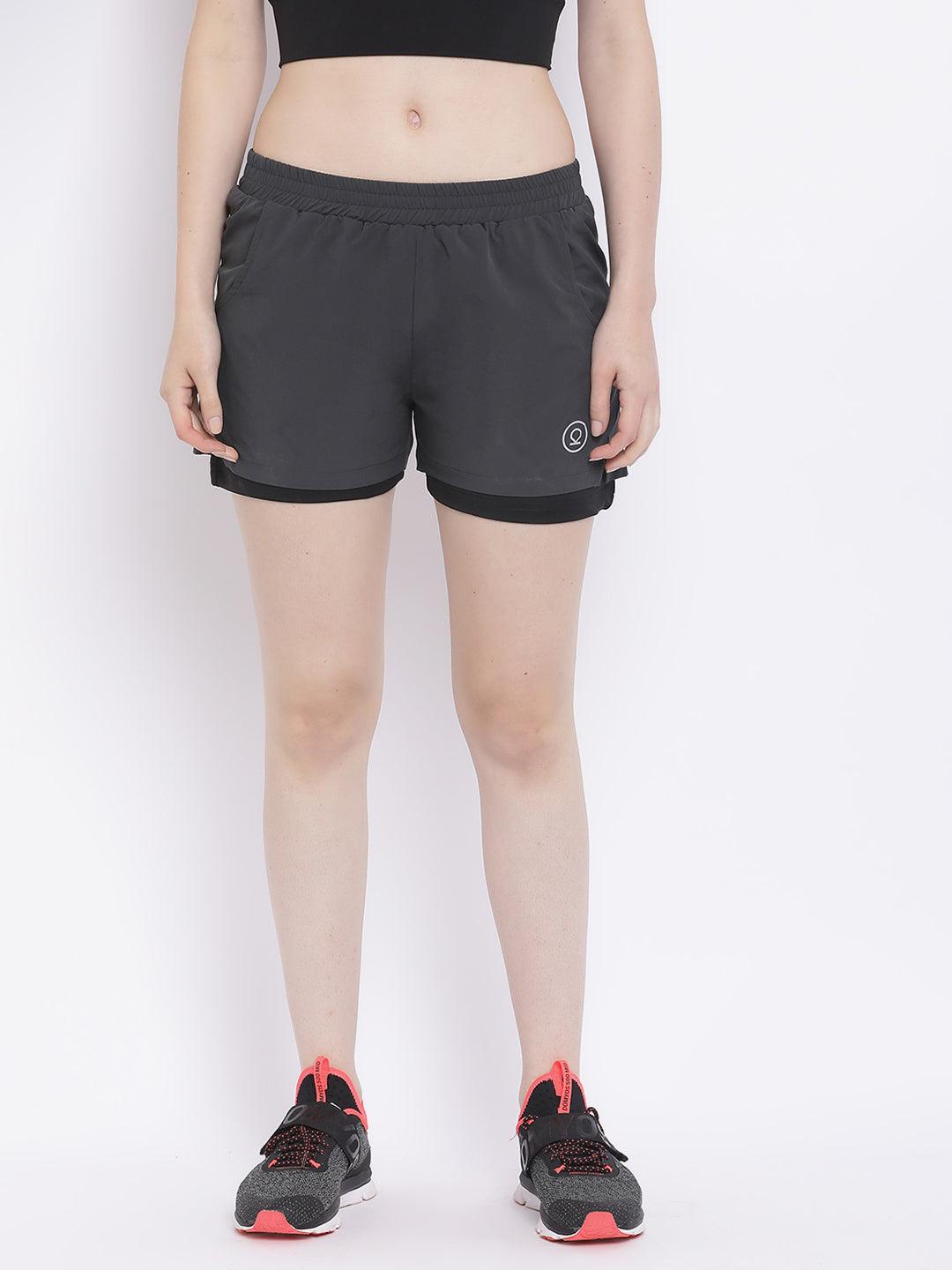 Women's Dark Grey Black DOuble Layered Sports Running Shorts | CHKOKKO