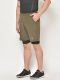 Men's Olive Black Double Layered Running Sports Shorts