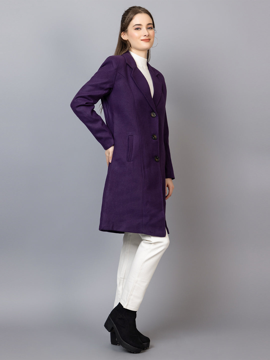 Women Notched Lapel Collar Woolen Overcoat