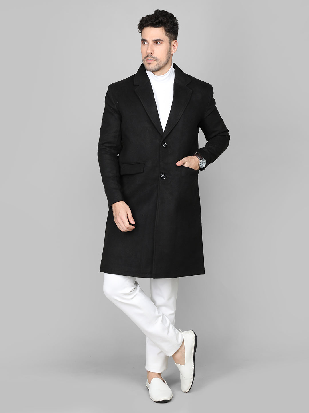 Men Single Breasted Longline Woolen Overcoat
