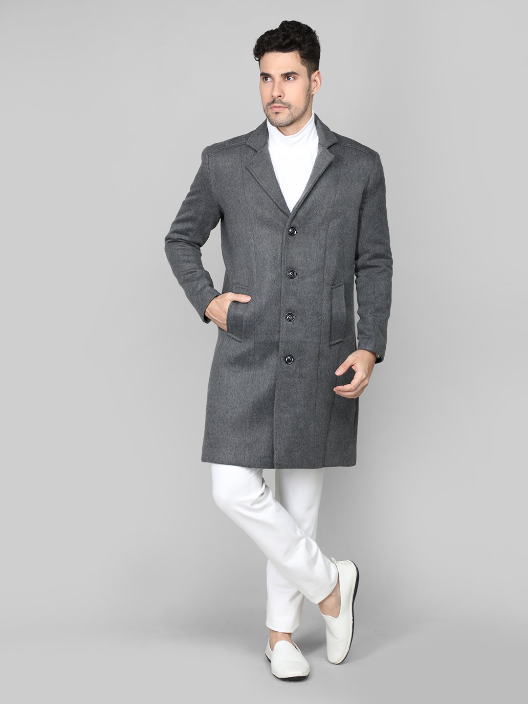 Men Notched Lapel Woolen Tweed Longline Overcoat