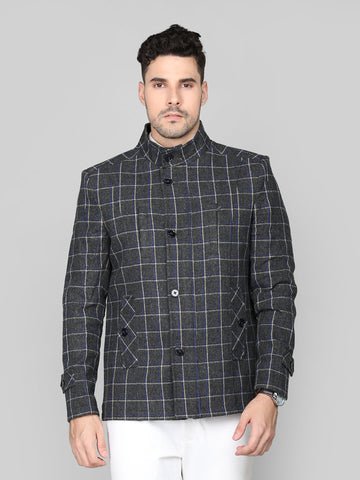 Men Checked Stand Collar Coat