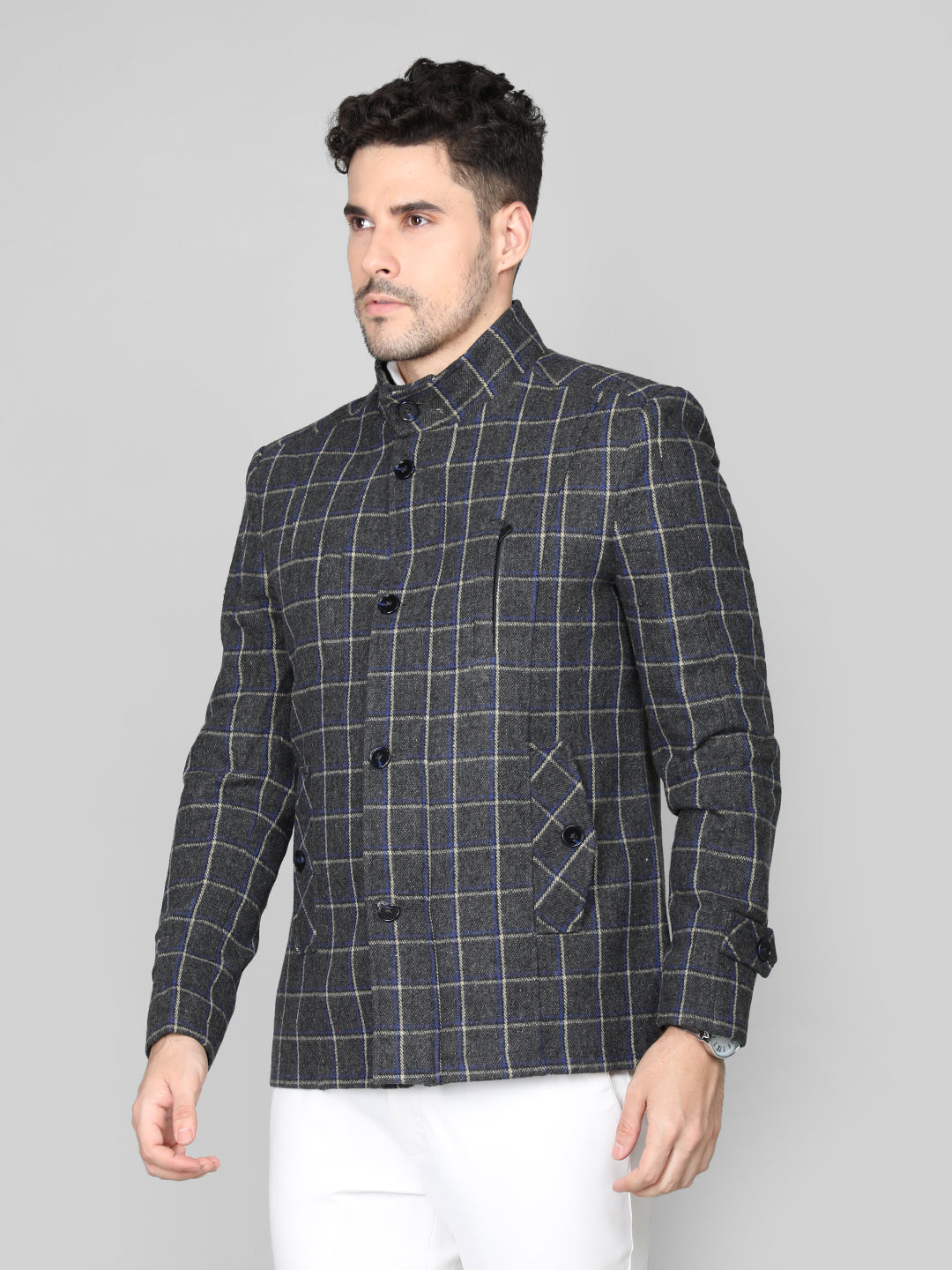 Men Checked Stand Collar Coat