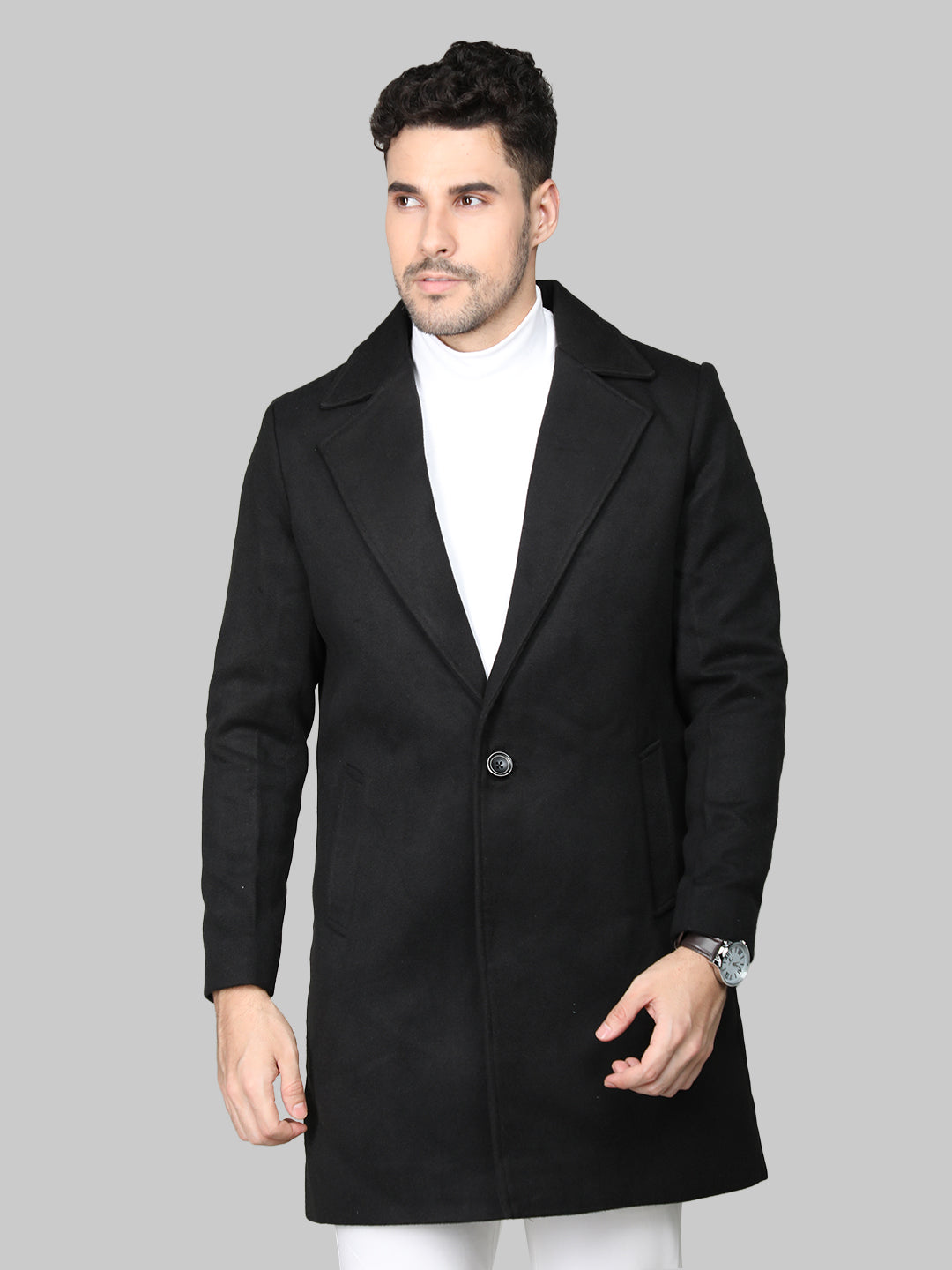 Men Lapel Collar Woolen Tweed Overcoat