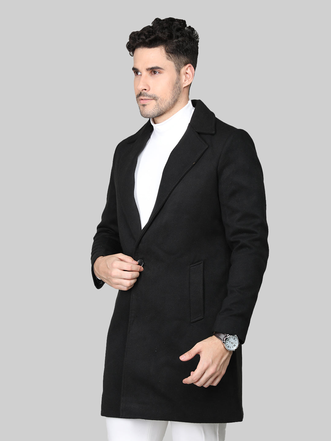 Men Lapel Collar Woolen Tweed Overcoat