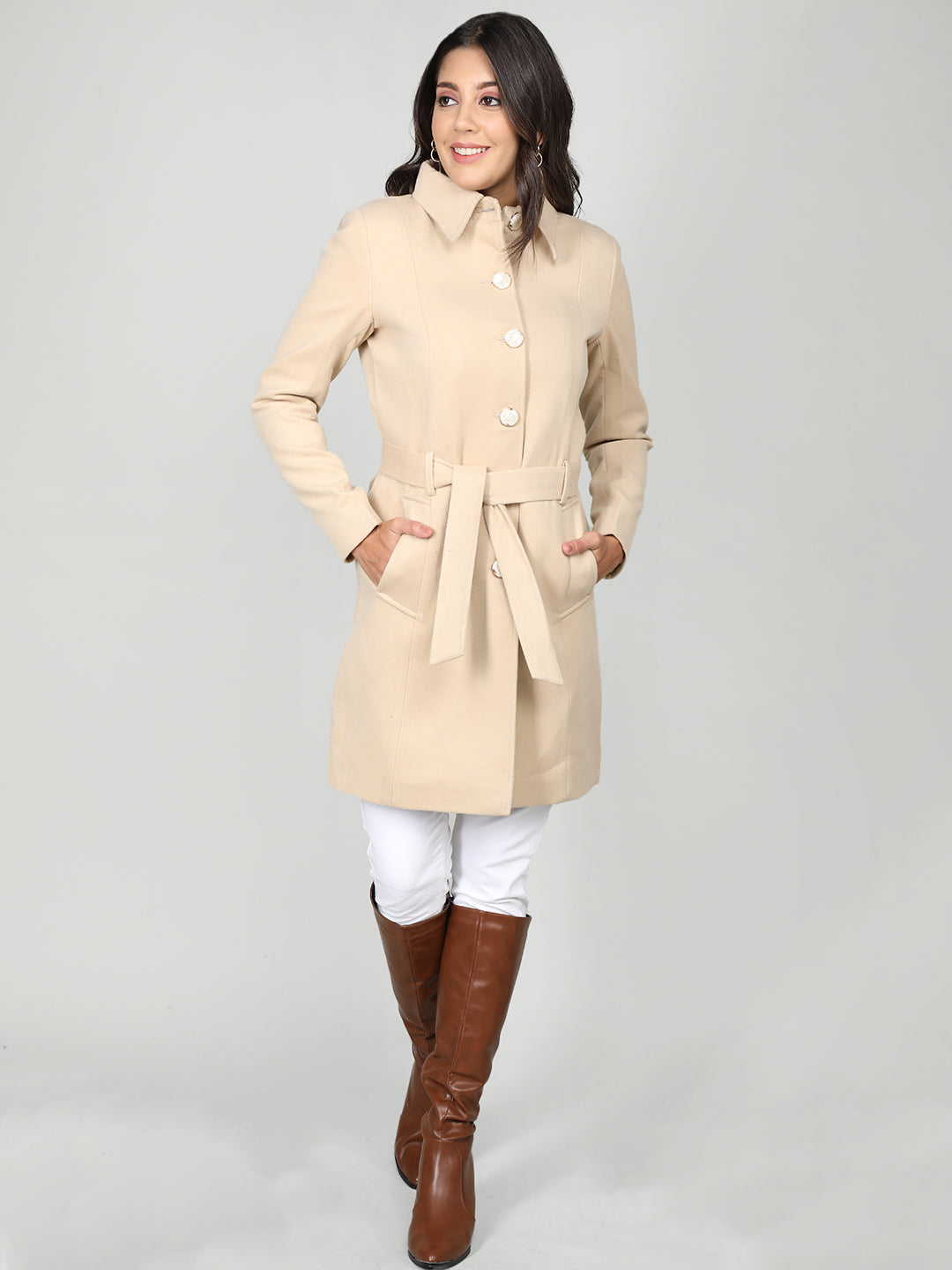 Women Belted Single-Breasted Wool Overcoat