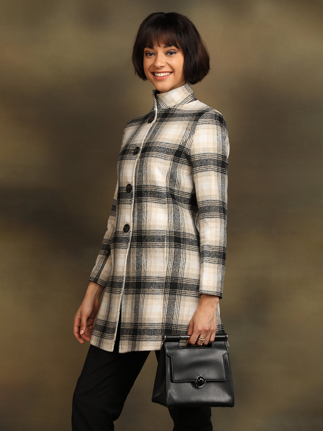 Women Checked Single-Breasted Woollen Overcoat