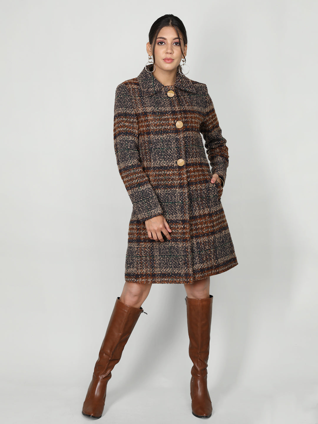 Women Checked Single-Breasted Woolen Overcoat