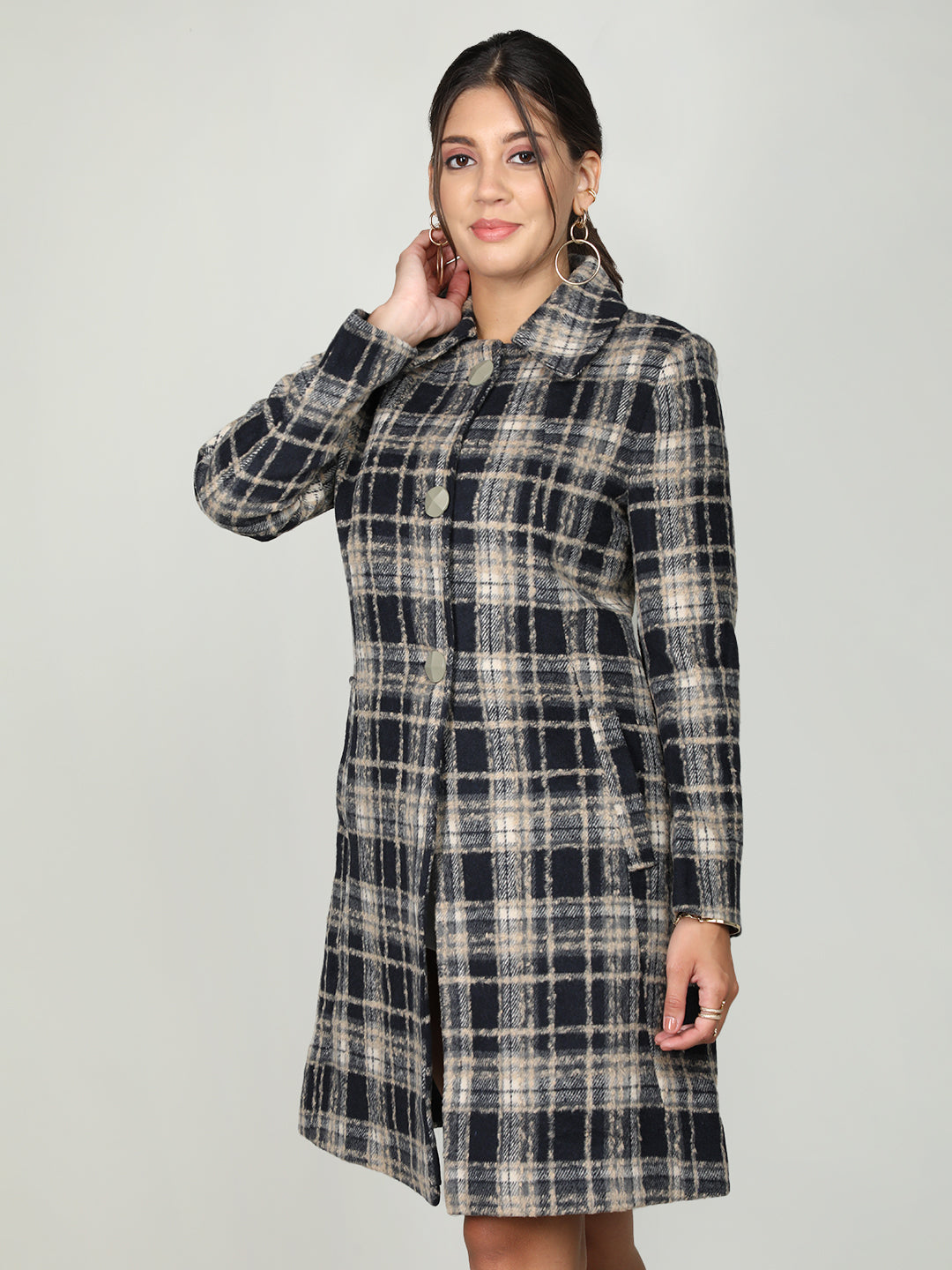 Women Checked Single Breasted Wool Pea Coat