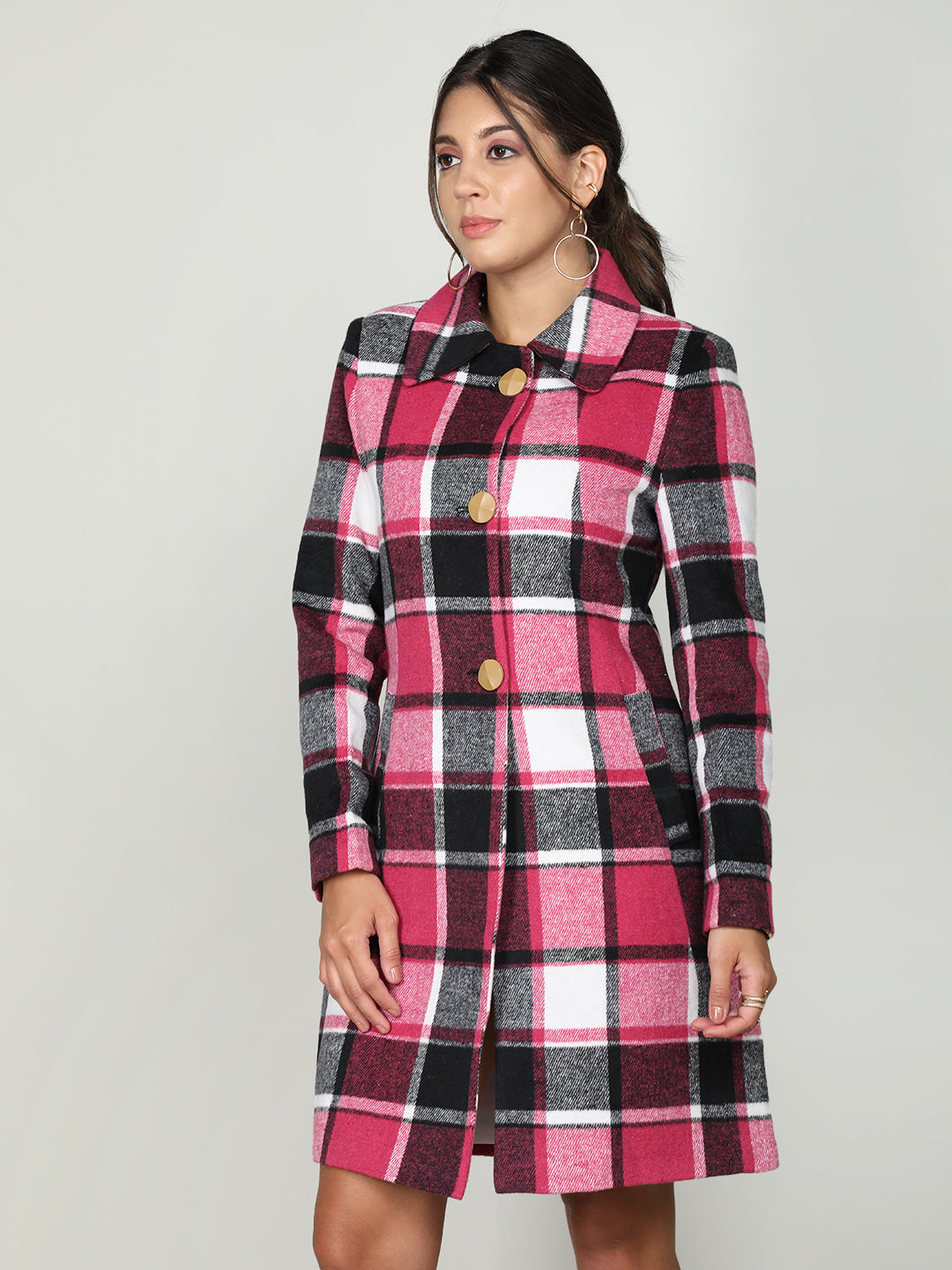 Women Checked Spread Collar Single-Breasted Woolen Overcoat